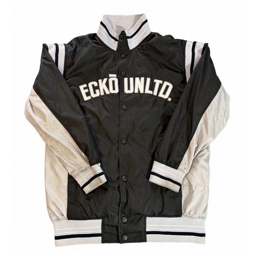 Y2K Ecko Unltd Varsity Bomber Jacket Mens Large Black Spellout